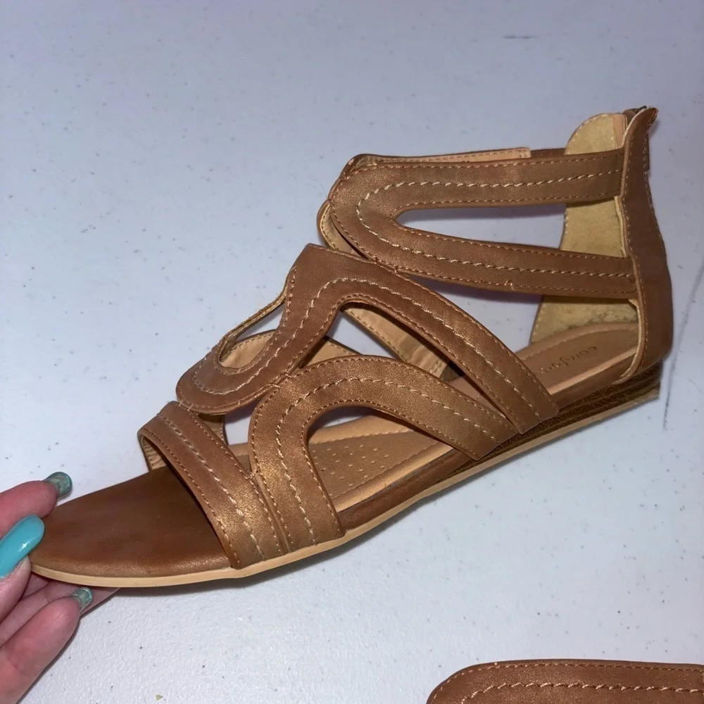 Comfortview Tan Sandals with Intricate Cut-Outs and Zipper
